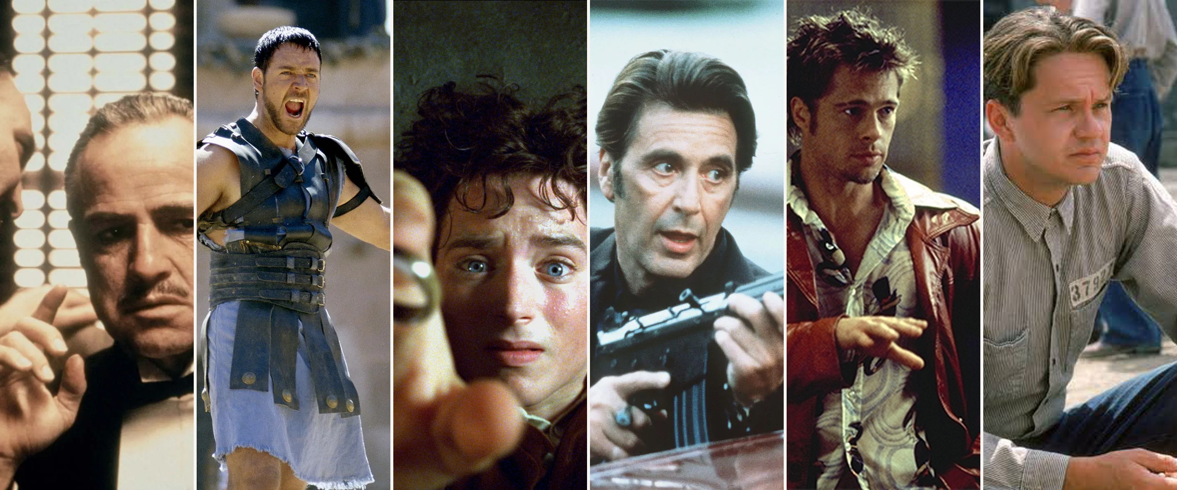 A strip of stills from The Godfather, Gladiator, The Lord of the Rings, Heat, Fight Club, and The Shawshank Redemption