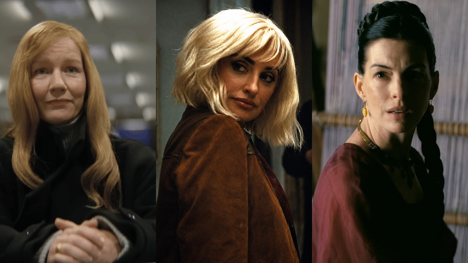 Sandra Hüller, Penélope Cruz and Anne Hathaway in a three-panel composite