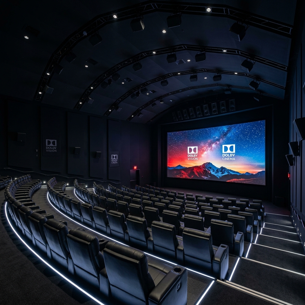 A dark Dolby Cinema auditorium with curved seating, overhead speakers, and an illuminated screen.