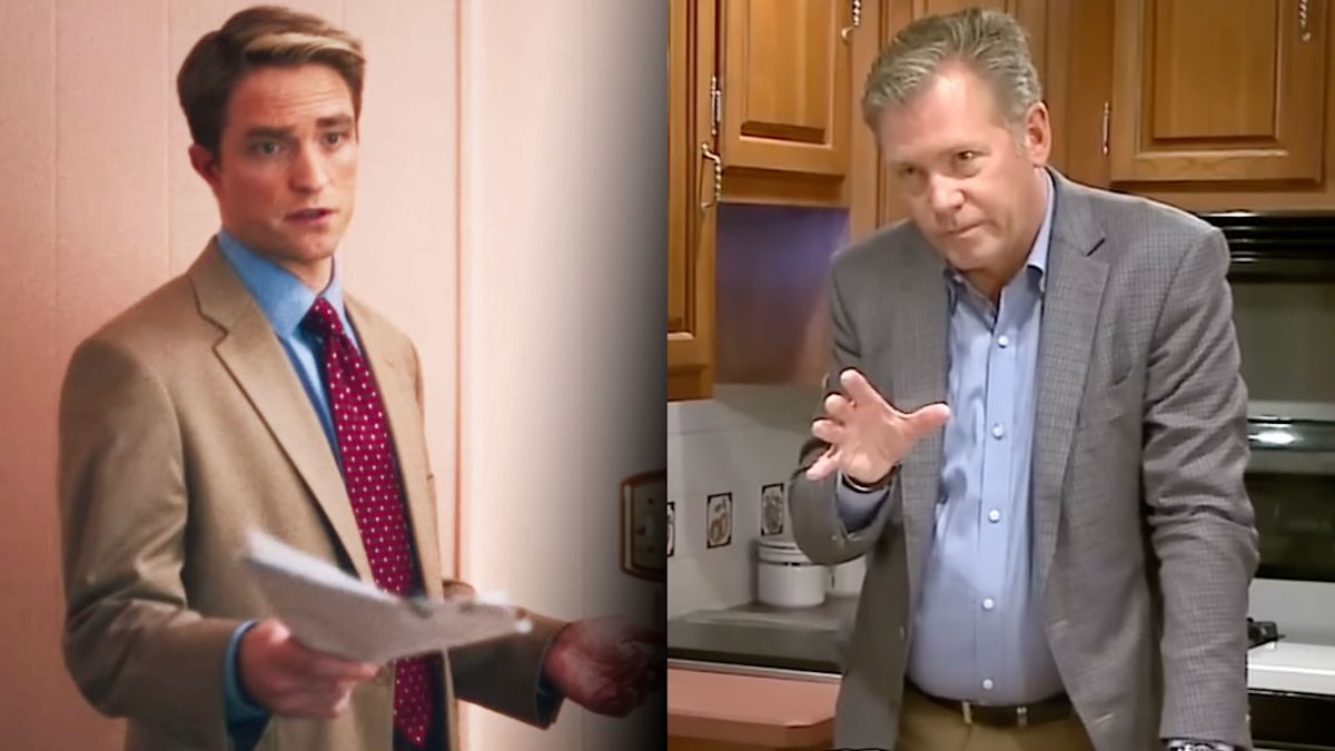 A split image places Robert Pattinson as Chris Hansen beside the real Chris Hansen.