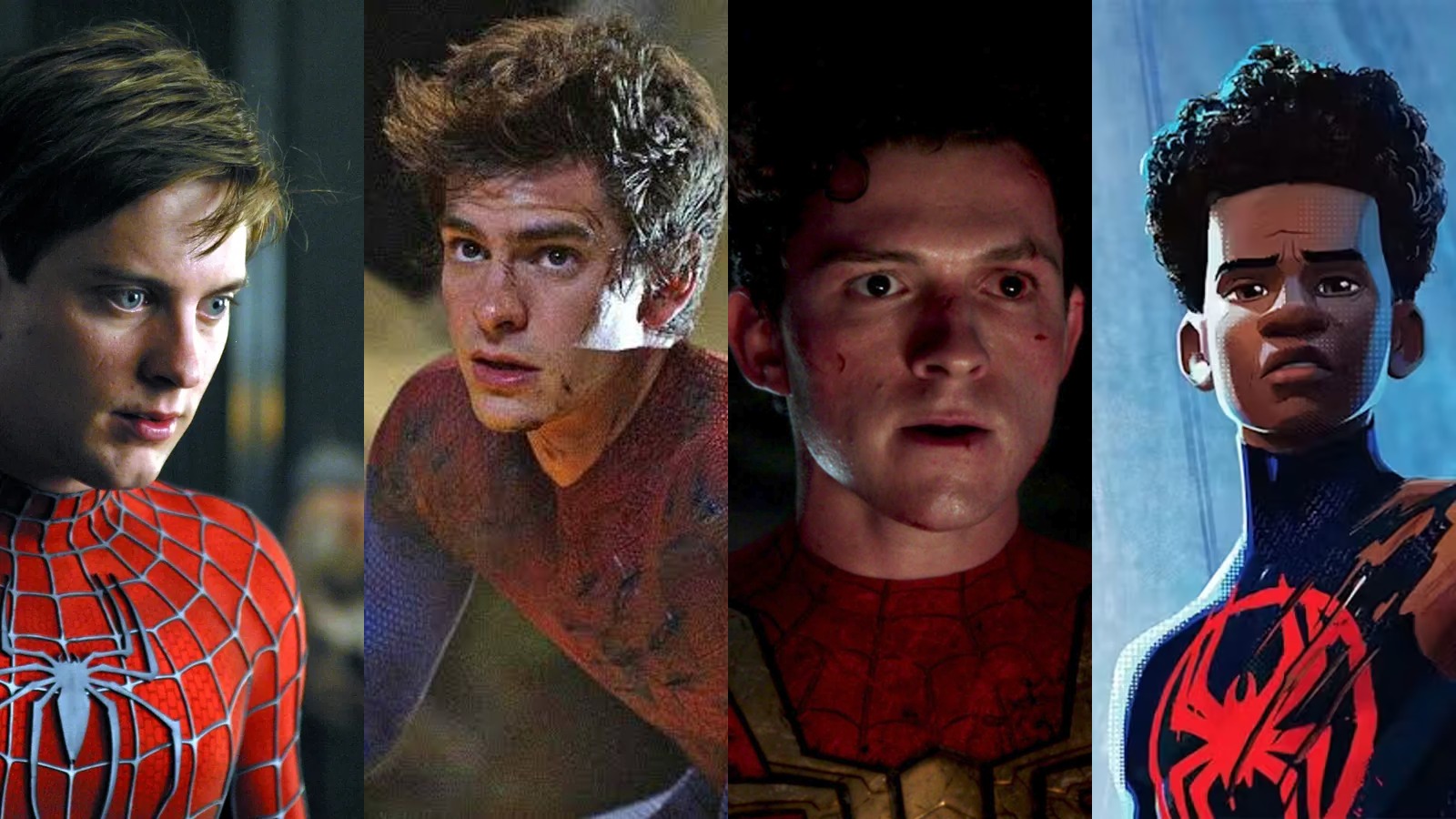 Tobey Maguire, Andrew Garfield, Tom Holland and Miles Morales in a four-panel composite