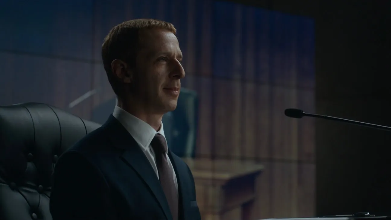 Jeremy Strong sits at a hearing table as Mark Zuckerberg in The Social Reckoning.