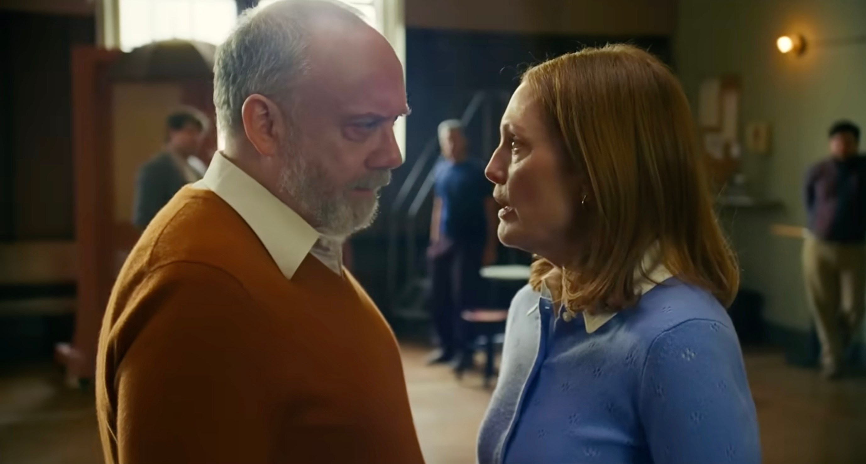 Paul Giamatti and Julianne Moore face one another in a rehearsal space in The Debut.