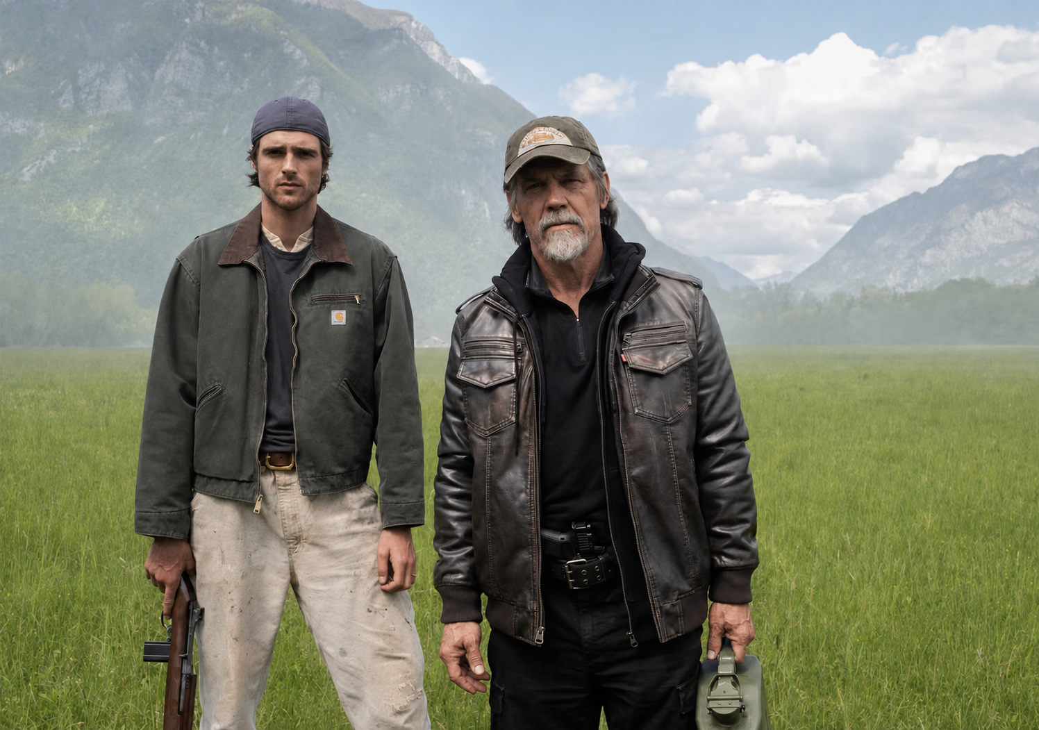 Jacob Elordi and Josh Brolin stand in a wide mountain valley in The Dog Stars.