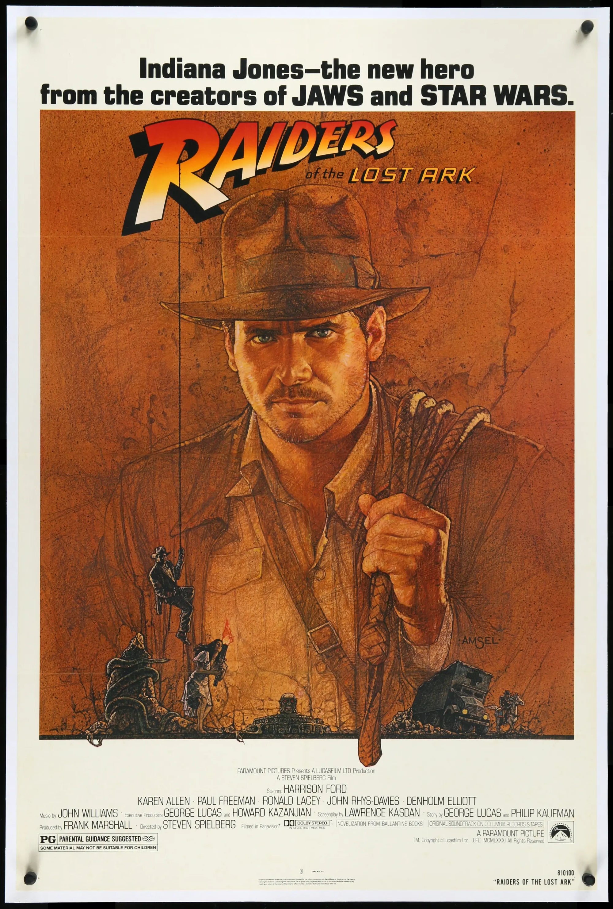 Illustrated theatrical poster for Raiders of the Lost Ark featuring Indiana Jones in warm orange and brown tones.