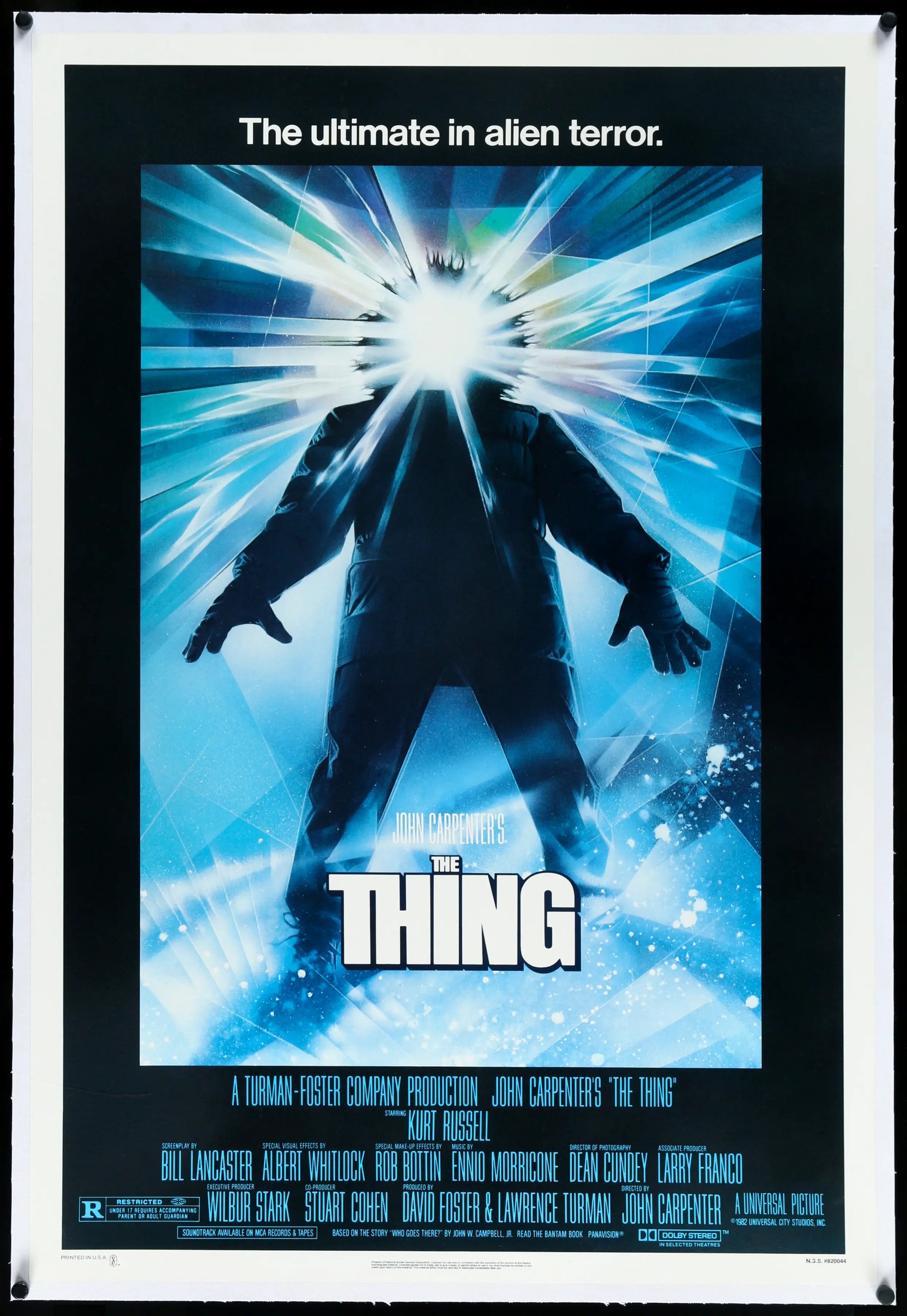 Illustrated poster for The Thing showing a dark human figure with a burst of white-blue light erupting from the head.