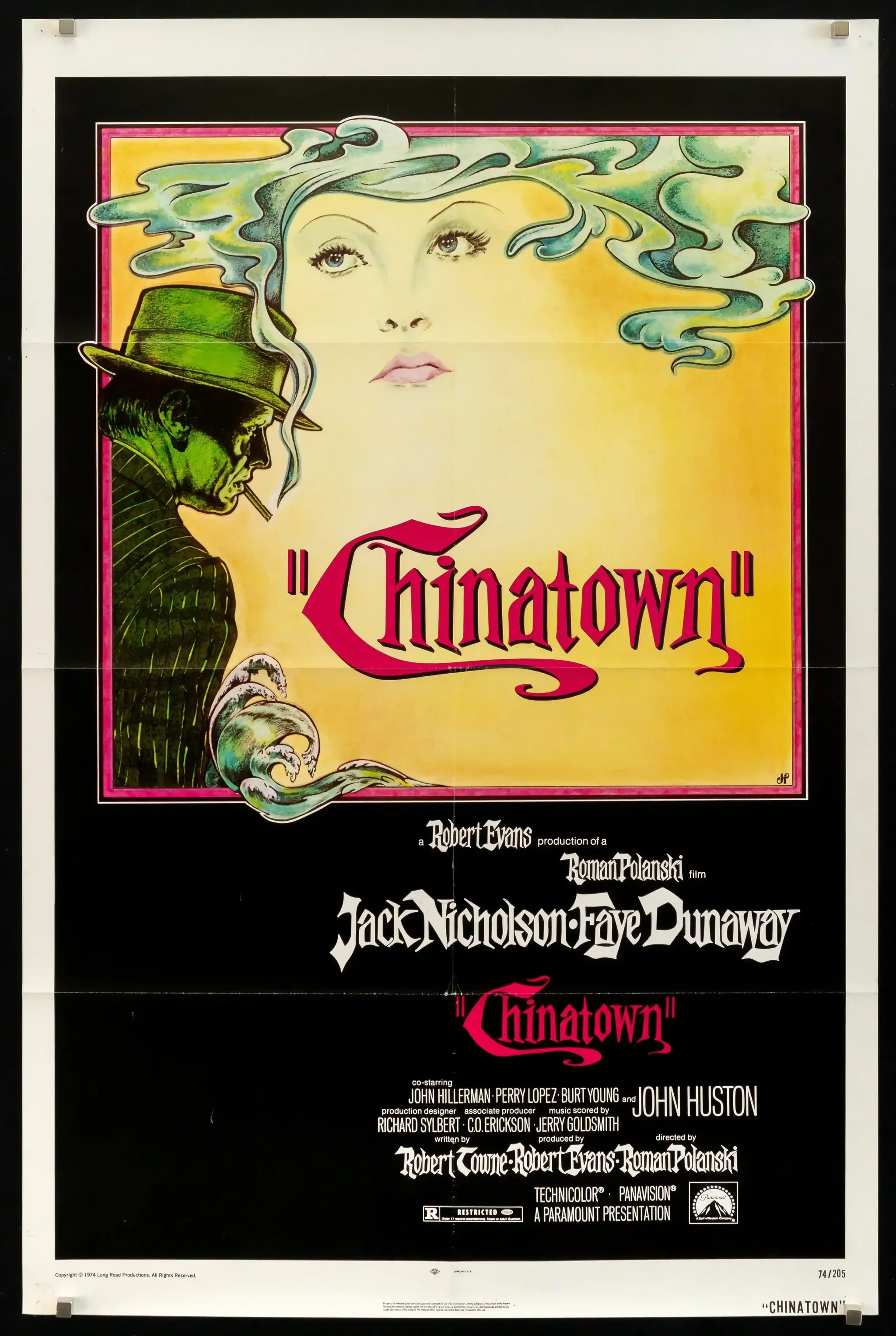 Vintage illustrated poster for Chinatown with a woman's face formed from smoke above a man in a fedora.