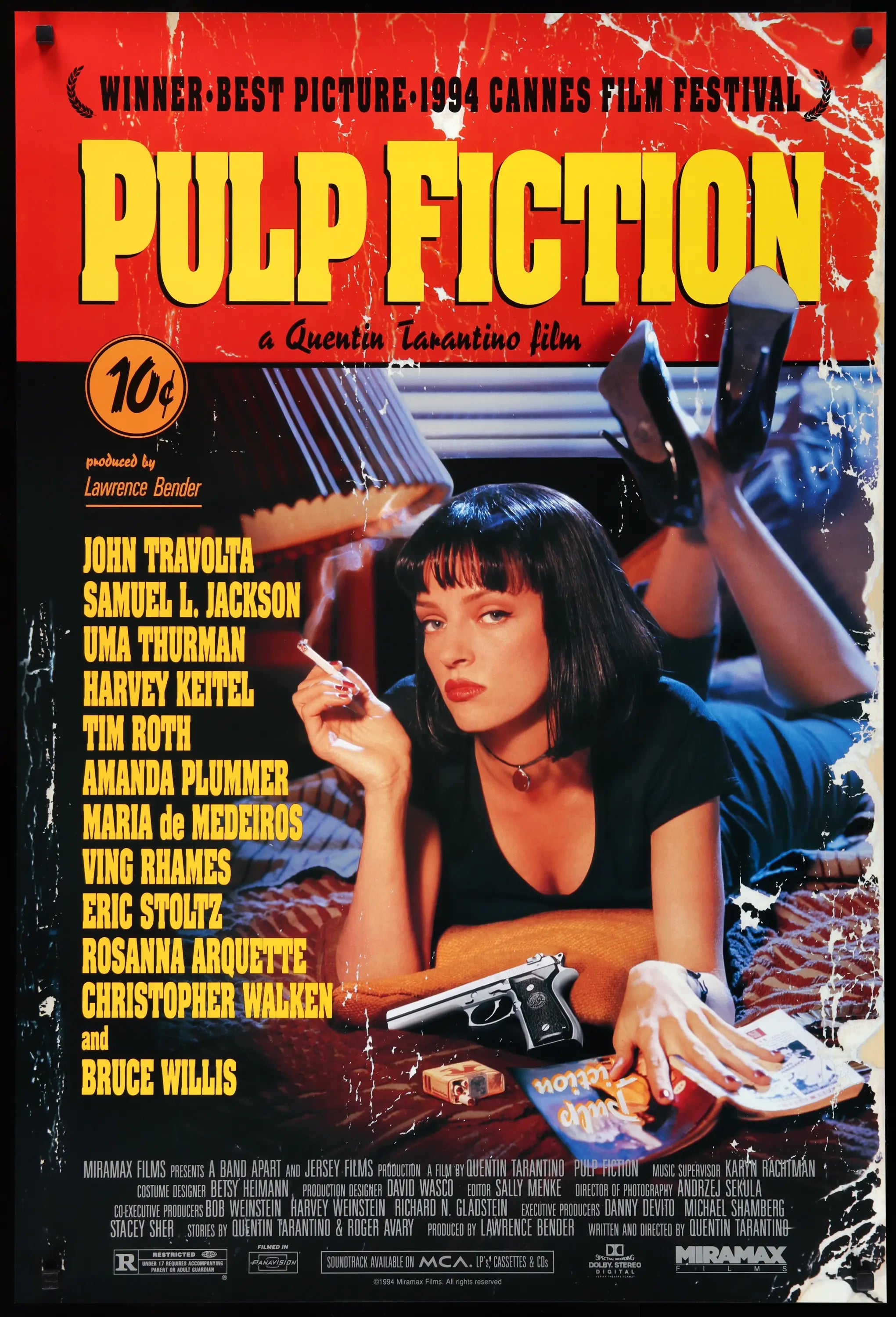 Pulp Fiction theatrical poster featuring Uma Thurman lying on a bed with a cigarette and paperback-style typography.