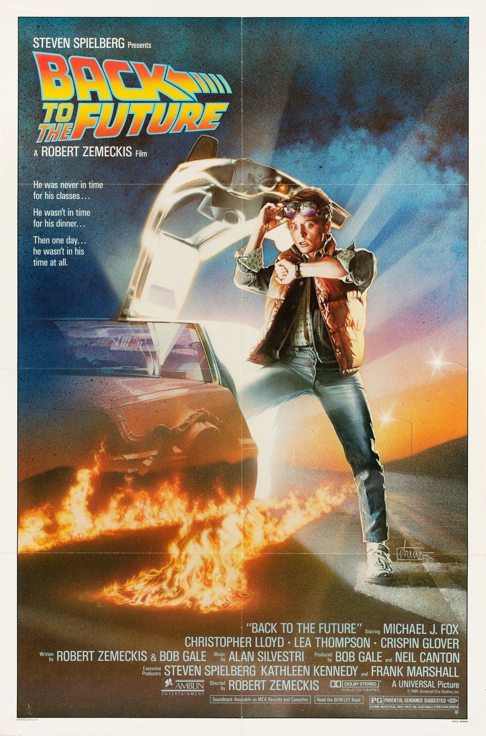 Illustrated Back to the Future poster showing Marty McFly looking at his watch beside the glowing DeLorean.