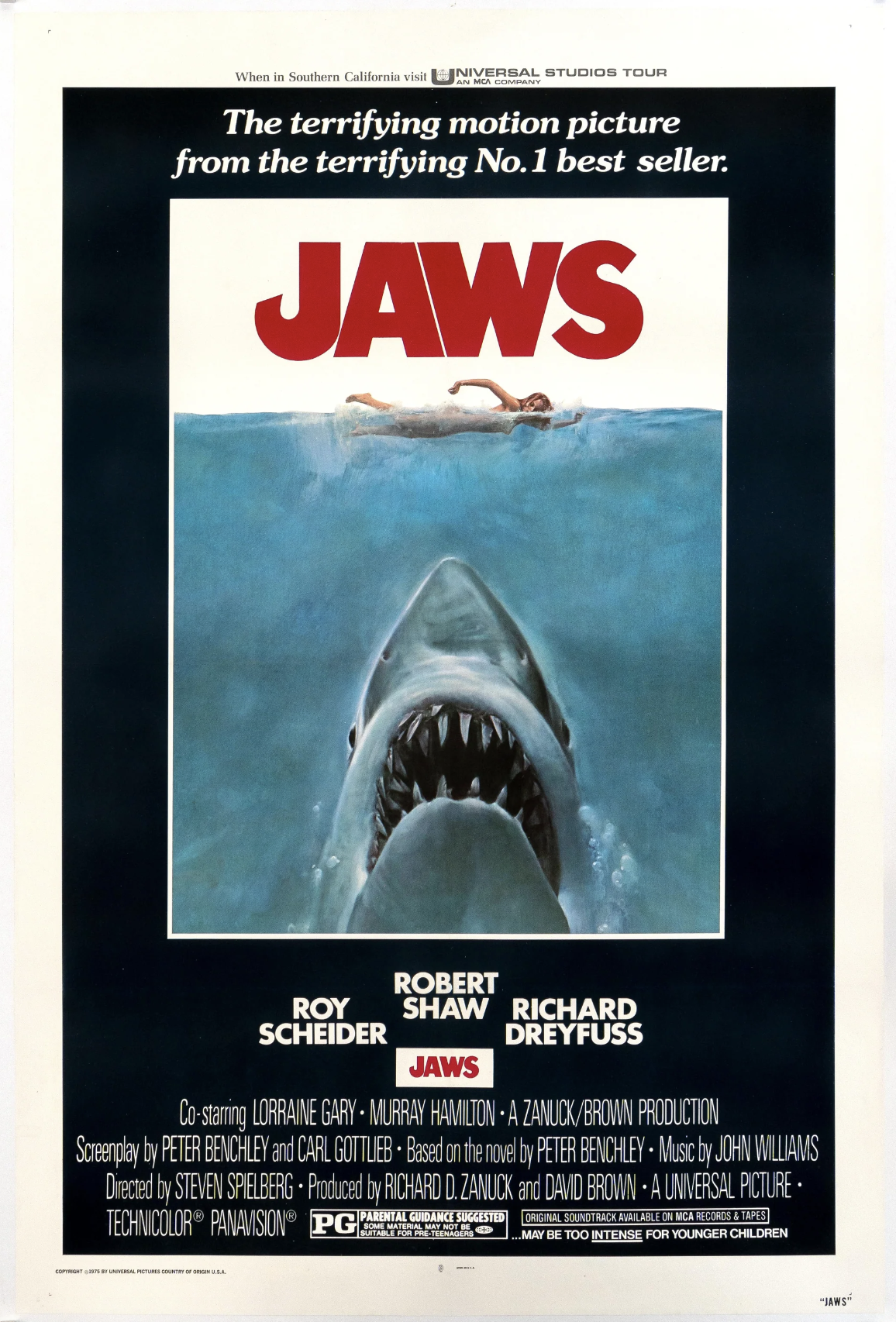 Original Jaws theatrical poster showing a swimmer at the surface and a massive shark rising from below.