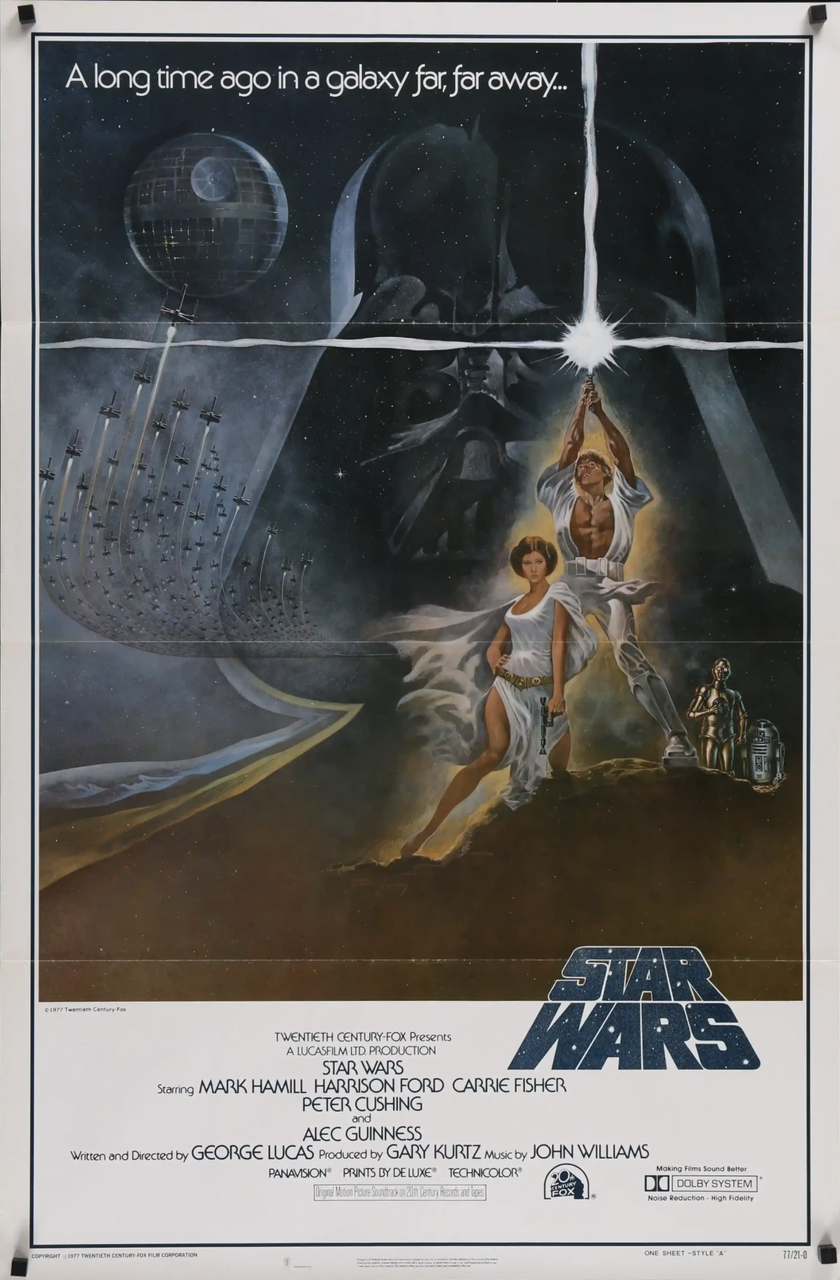 Illustrated original Star Wars poster showing Luke, Leia, Darth Vader, spacecraft, and the Death Star.