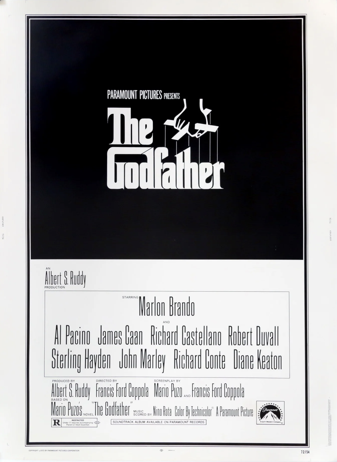 Minimal black-and-white poster for The Godfather featuring the title and a hand controlling puppet strings.