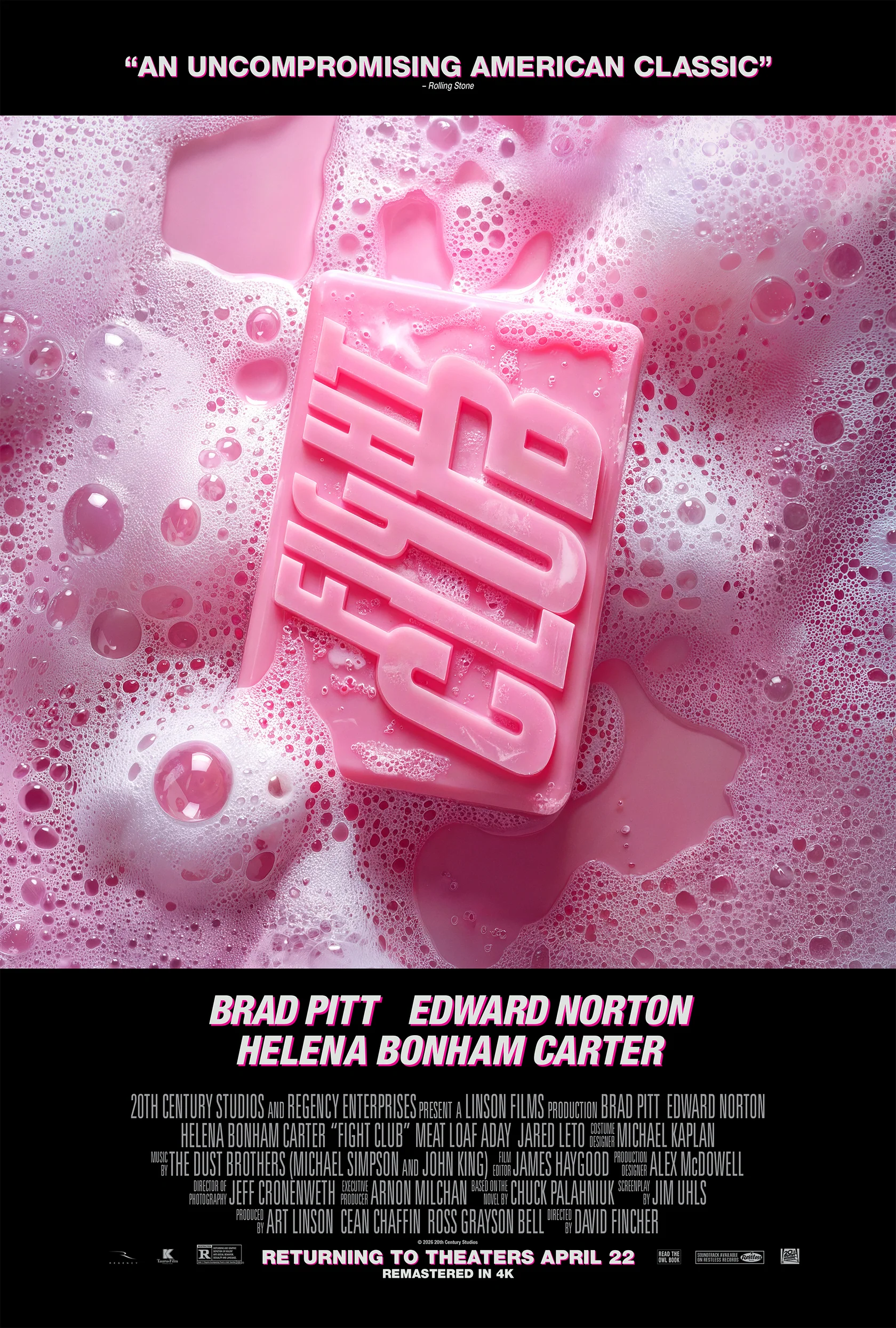 Pink Fight Club 4K theatrical re-release poster with a bar of soap at the center.