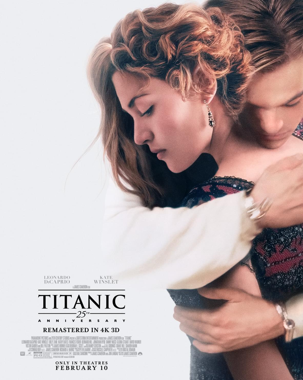 Titanic 25th anniversary theatrical poster featuring Jack and Rose and announcing a remastered 4K 3D release.
