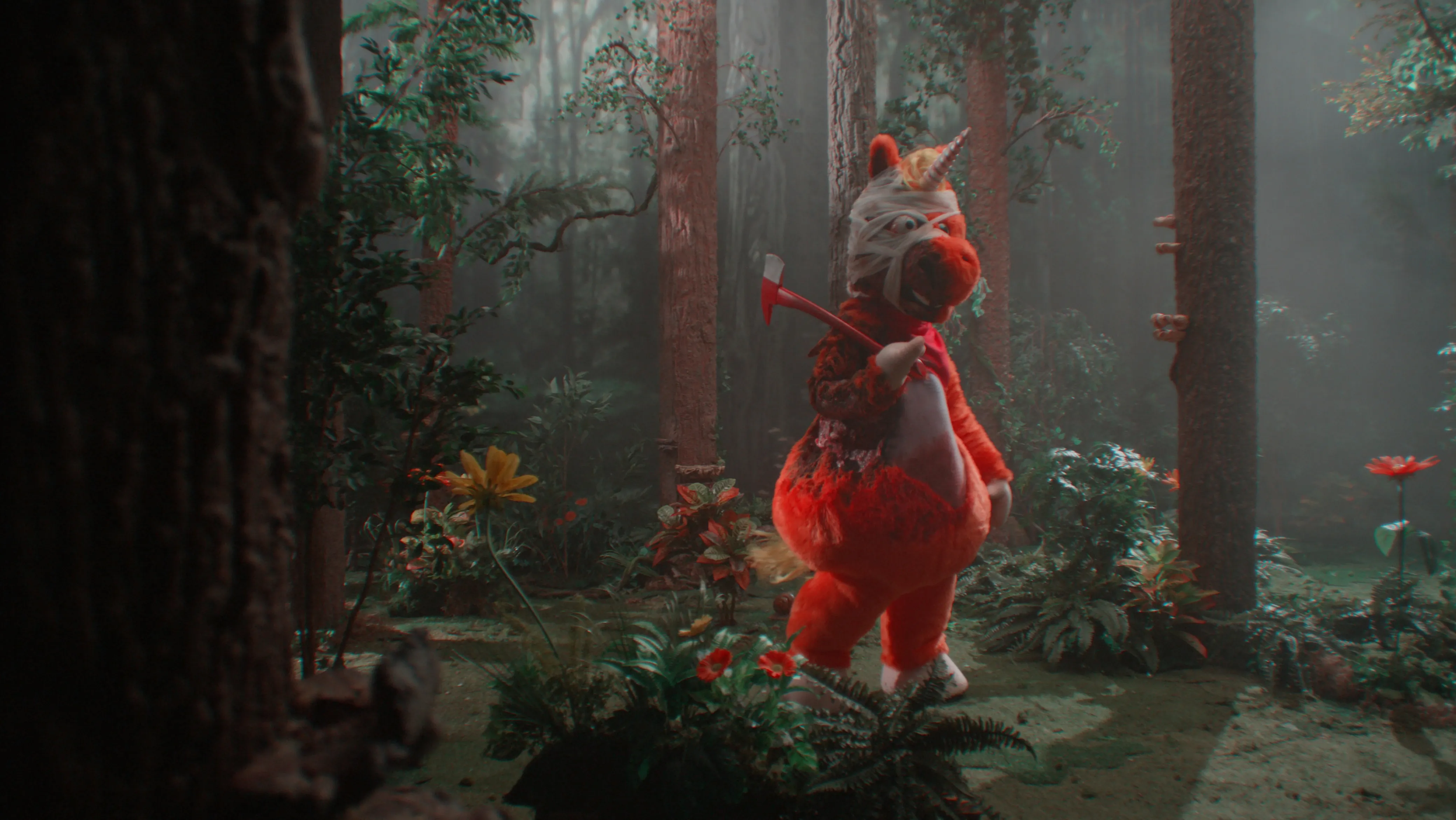Buddy, a bandaged orange unicorn holding an axe, stands alone in a dark forest.