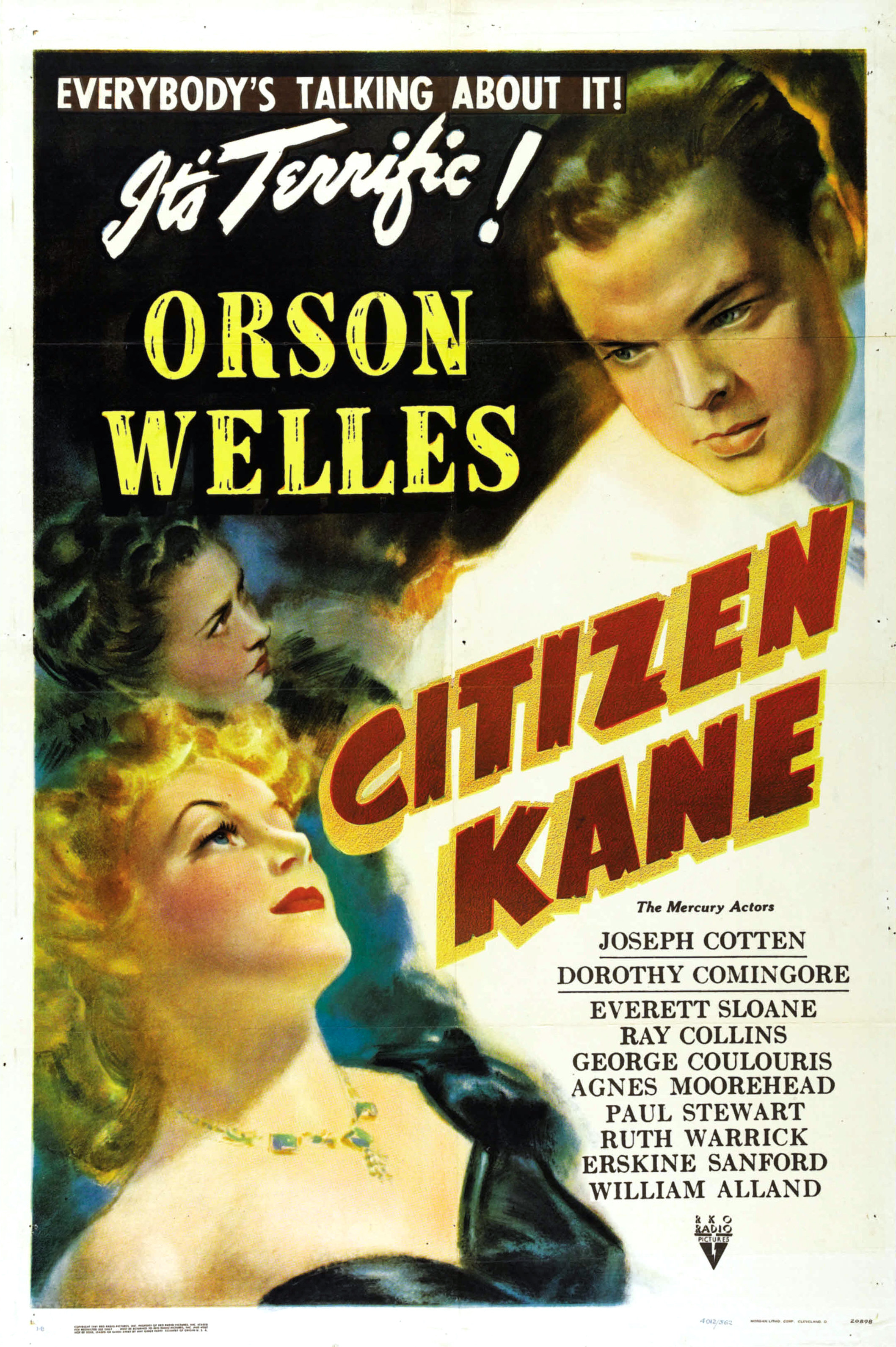 A vintage Citizen Kane poster featuring an illustrated portrait of Orson Welles above the film’s title and supporting cast.