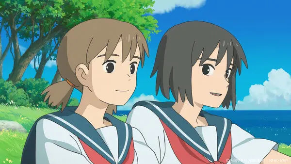 Two animated schoolgirls sit together outdoors beside a bright blue sea.