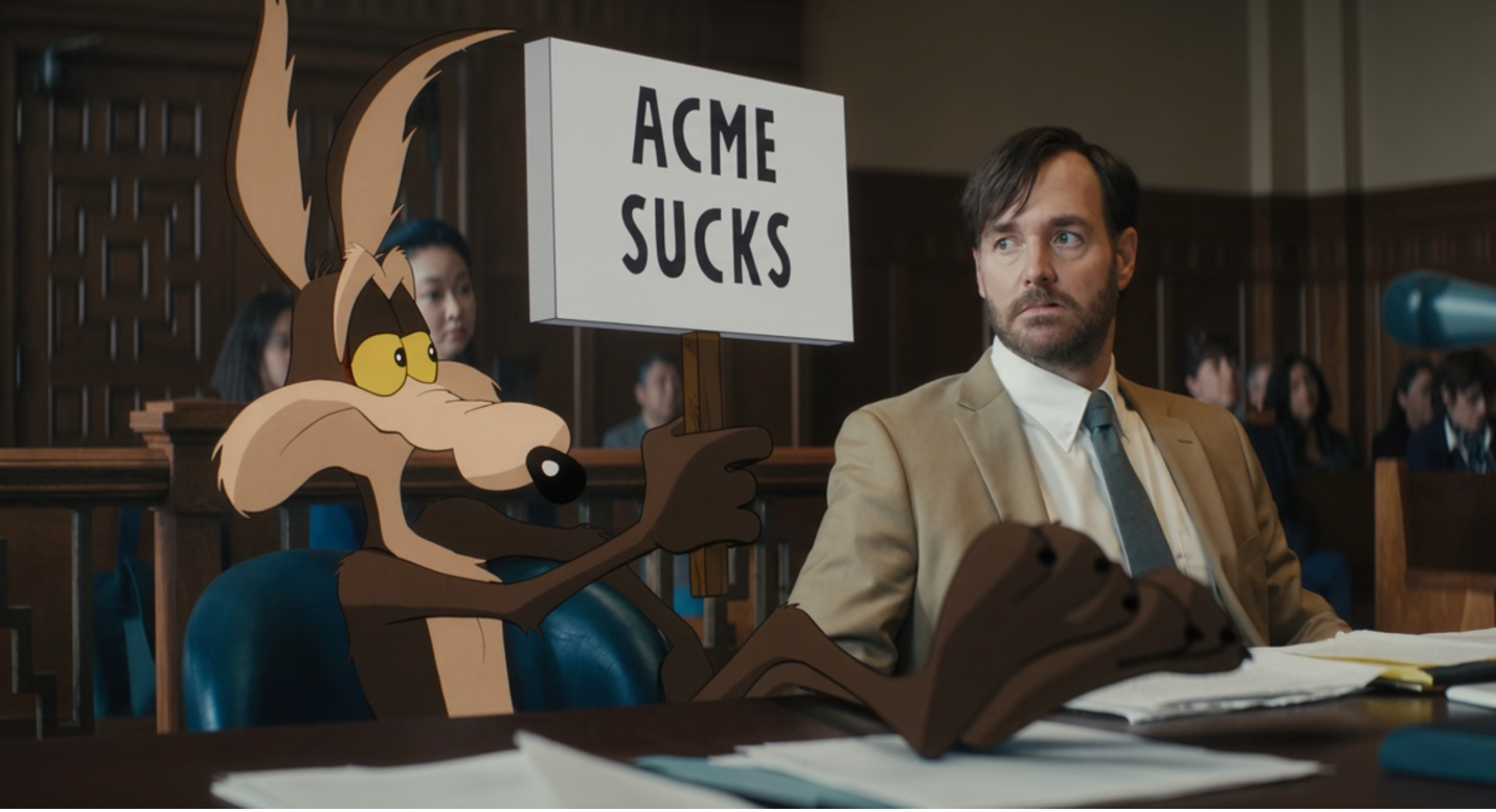 Wile E. Coyote holds up a sign reading ACME SUCKS beside Will Forte at a courtroom table in Coyote vs. Acme.