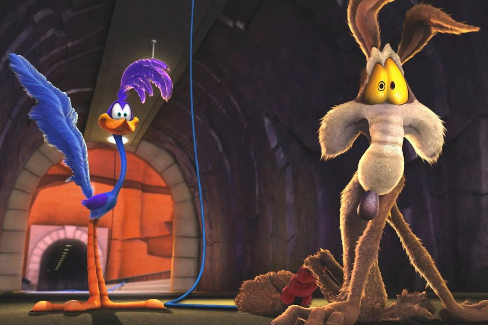 Road Runner stands beside Wile E. Coyote inside a tunnel in Coyote vs. Acme.