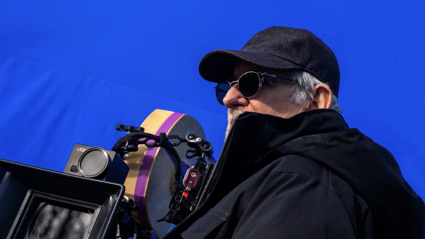 Spielberg on set behind a camera rig