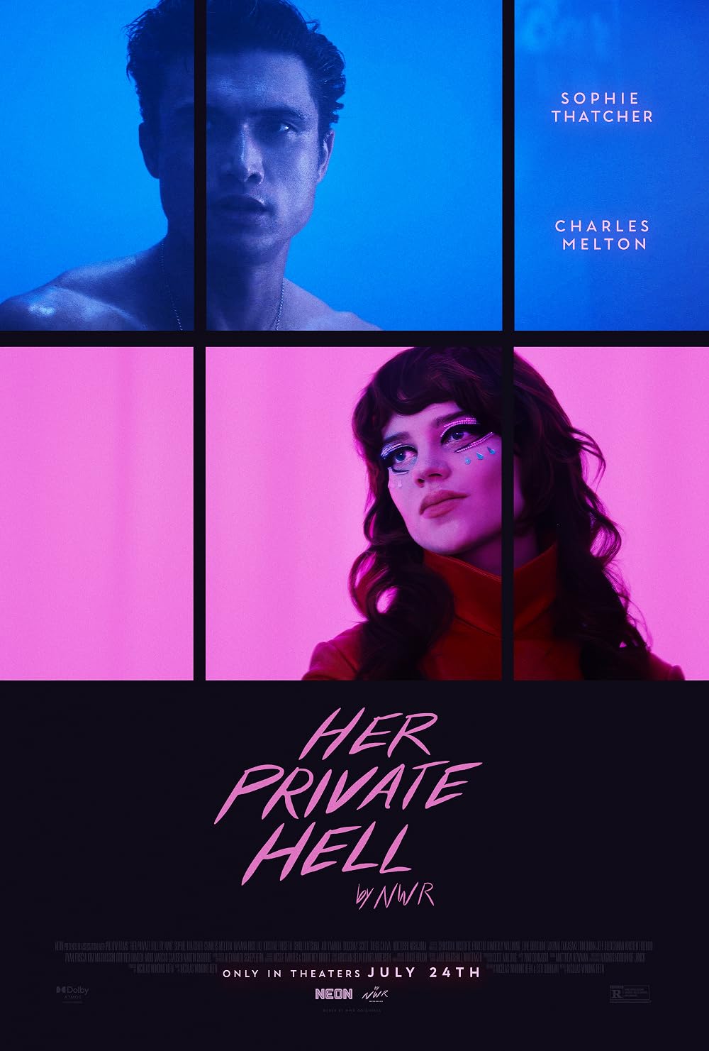 The theatrical poster for Her Private Hell places Charles Melton in blue above Sophie Thatcher against a vivid pink background.