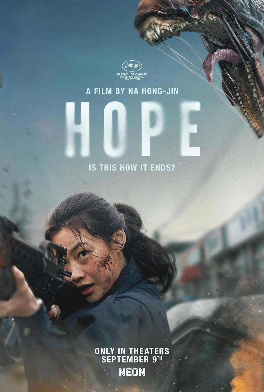 The theatrical poster for Na Hong-jin’s Hope shows an armed woman beneath the looming head of a creature.