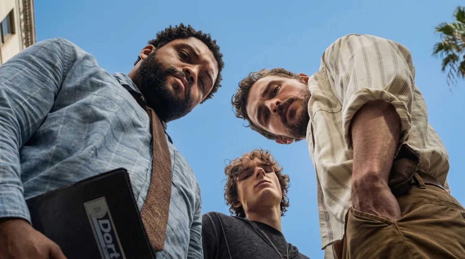 O’Shea Jackson Jr., Mason Thames, and Dave Franco look down toward the camera in Idiots.