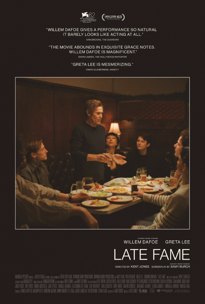 Dark poster artwork showing an older man standing over a crowded restaurant table beneath review quotes and the title Late Fame.