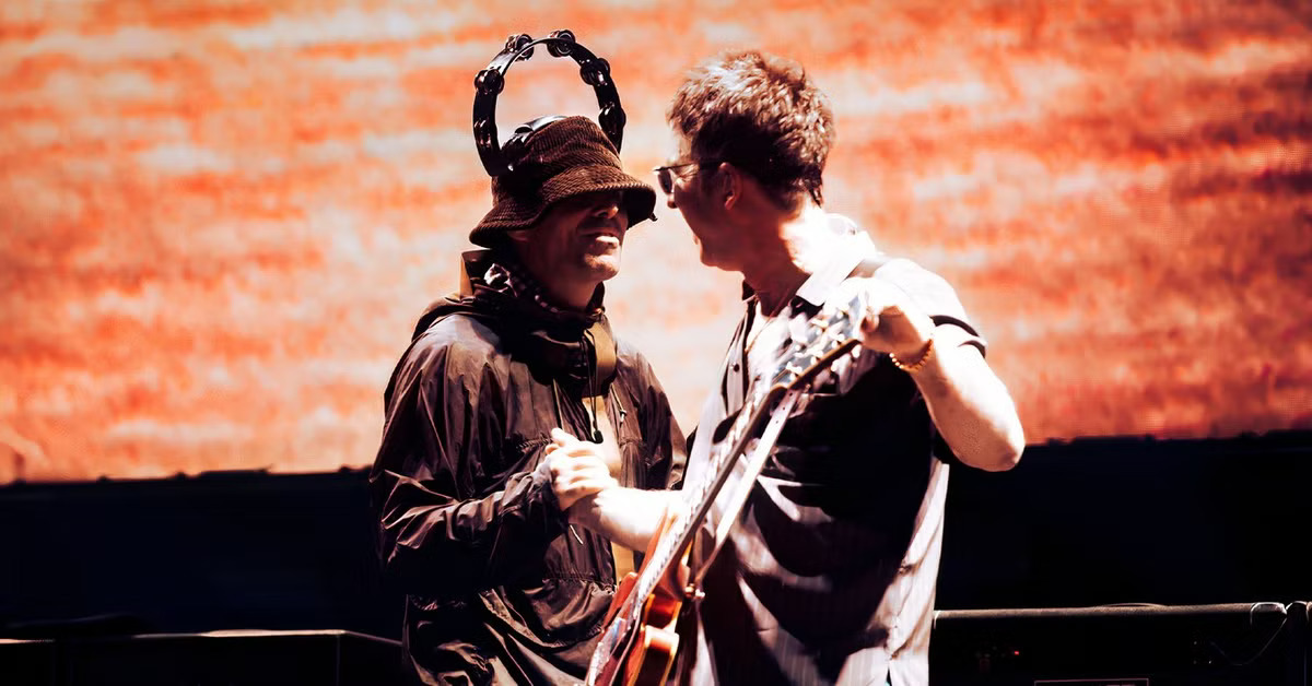 Liam and Noel Gallagher appear together during the Oasis reunion documentary.