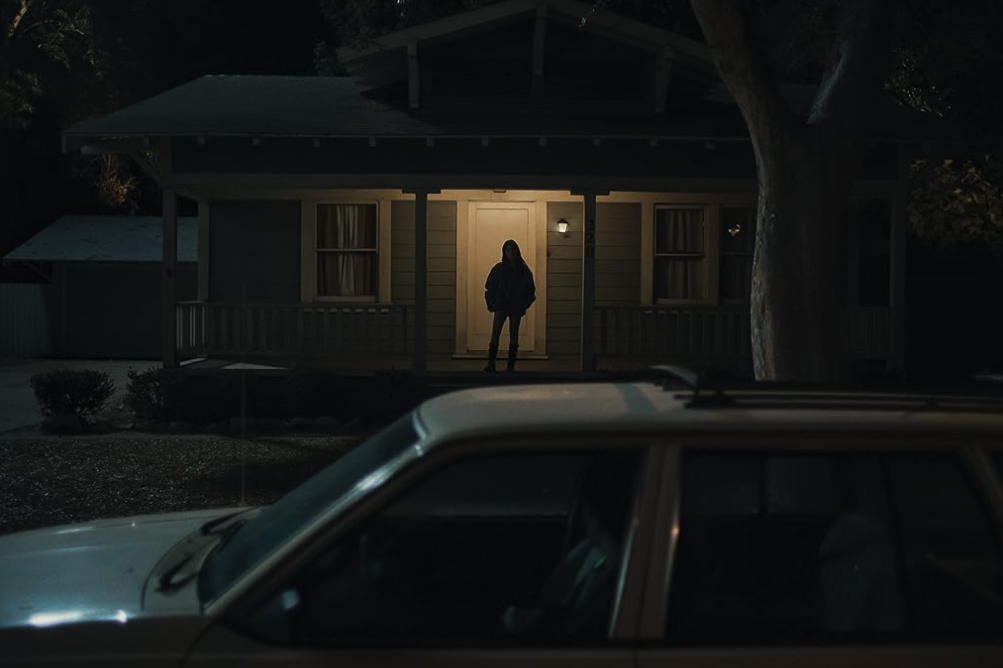 A figure stands silhouetted in the lit doorway of a suburban house at night.