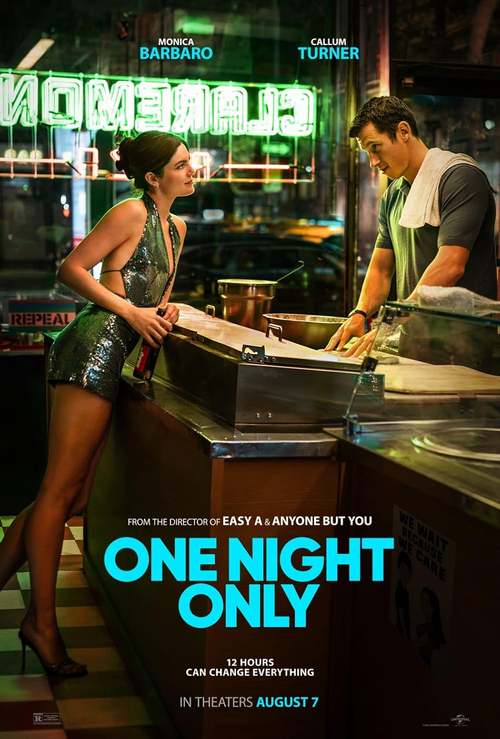 Monica Barbaro leans across a pizza counter toward Callum Turner beneath green neon signage on the poster for One Night Only.