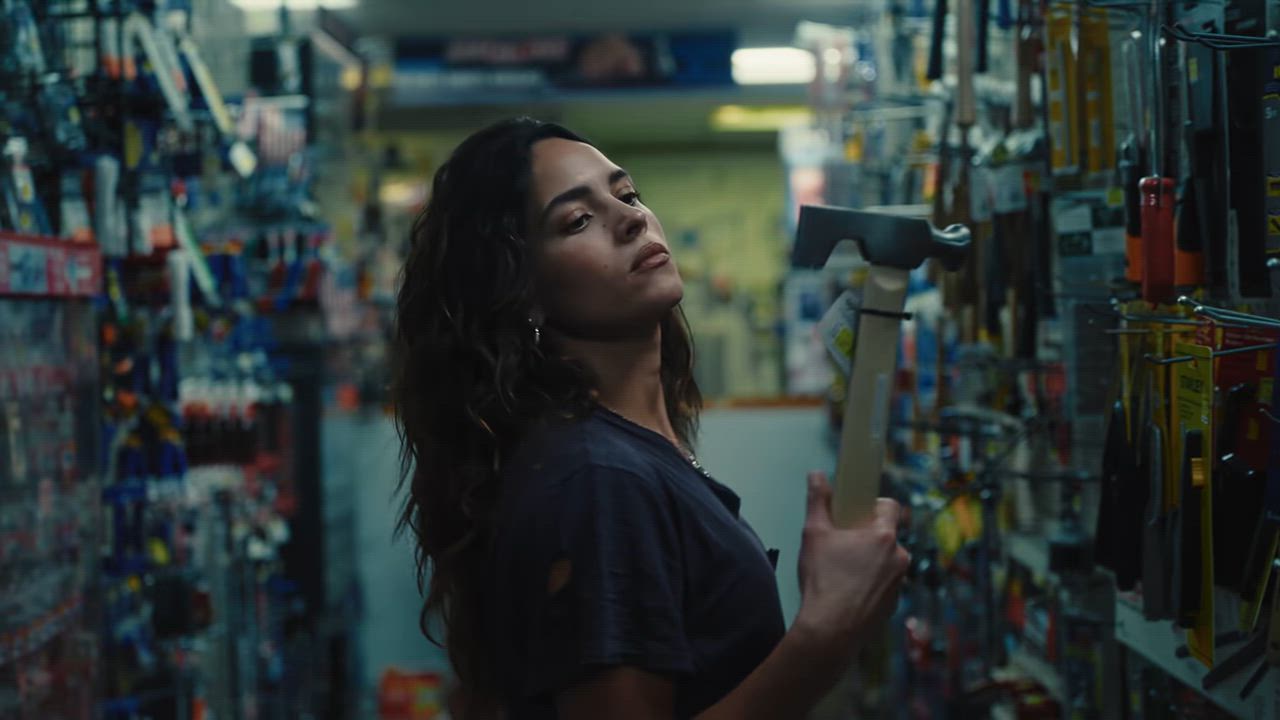 Adria Arjona stands in a hardware-store aisle holding a large hammer.