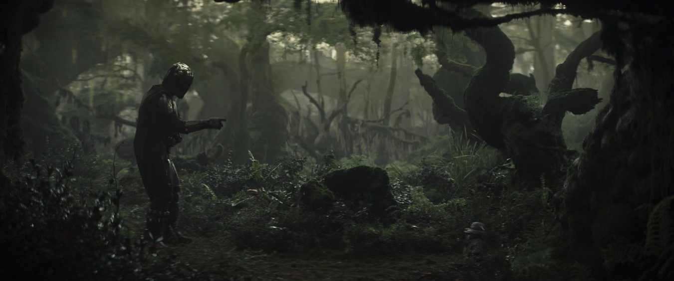 A lone figure walks through a dense, misty alien forest.