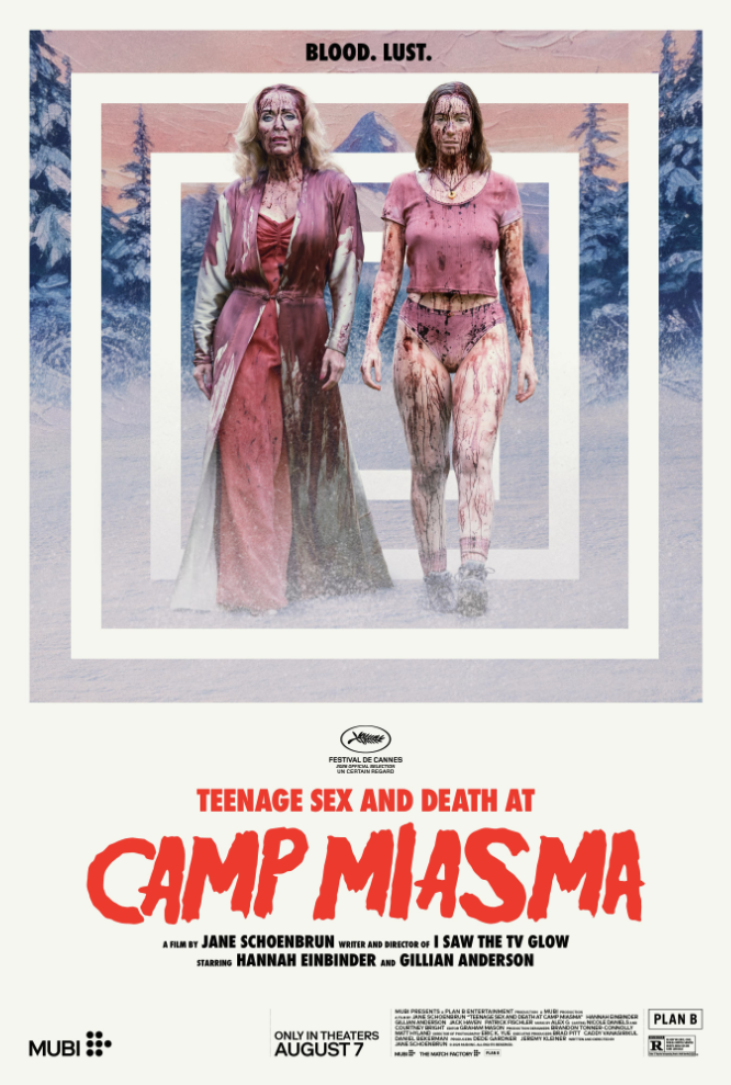 Poster artwork showing two blood-covered women walking through a snowy camp landscape beneath the title Teenage Sex and Death at Camp Miasma.