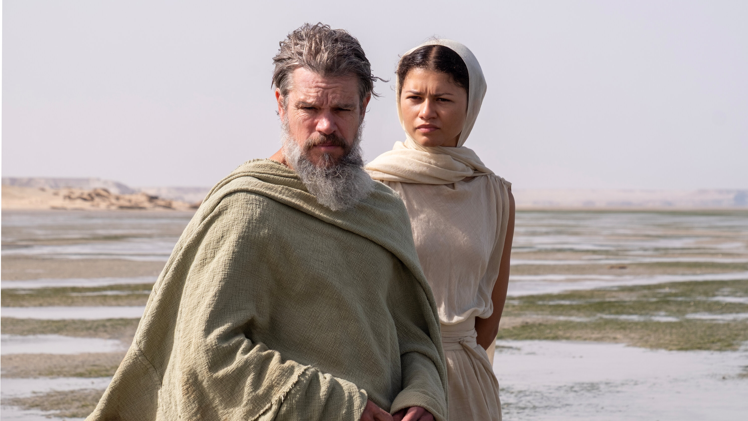 Odysseus, wrapped in a weathered green cloak, stands beside a young woman in white on a sun-bleached shoreline.